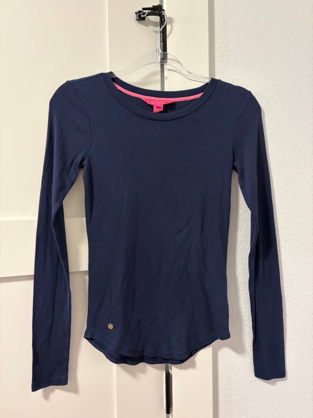 Lilly Pulitzer Navy Long Sleeve Crewneck Top with Pink Trim